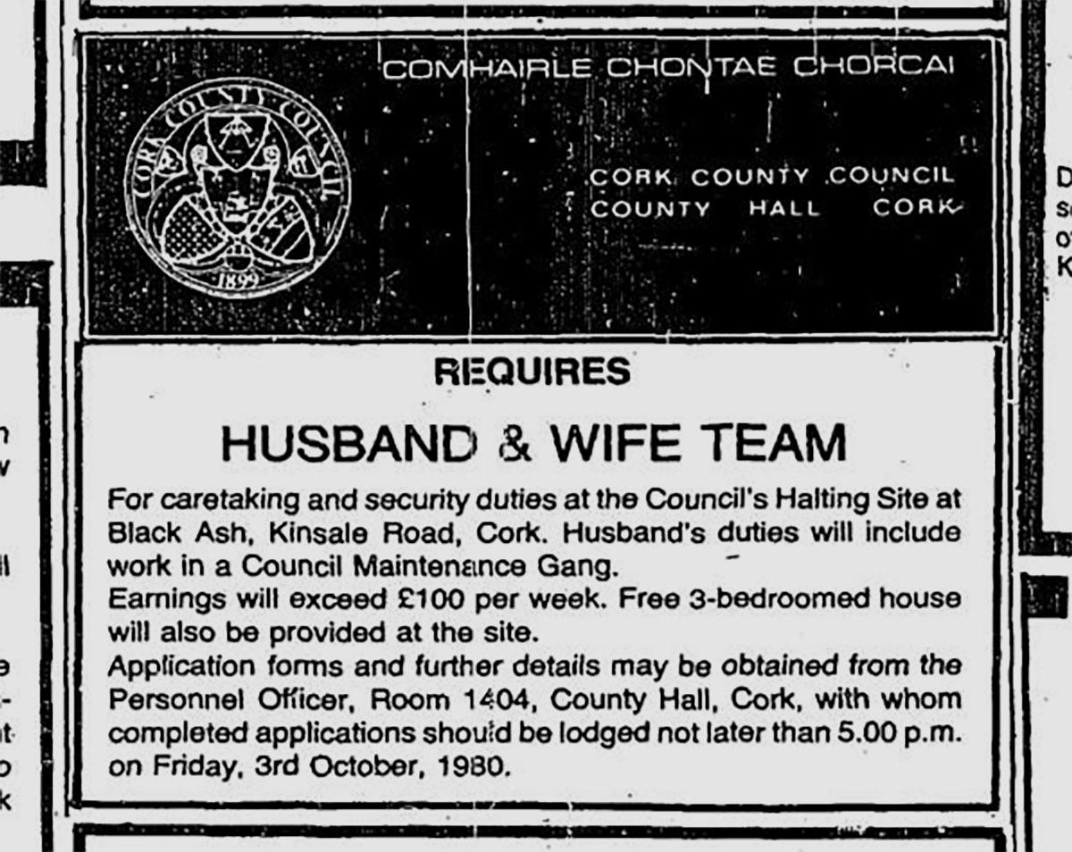 Image of Advert for Blackash Halting Site caretaker, from Irish Examiner Archive September-19, 1980 - Page-11